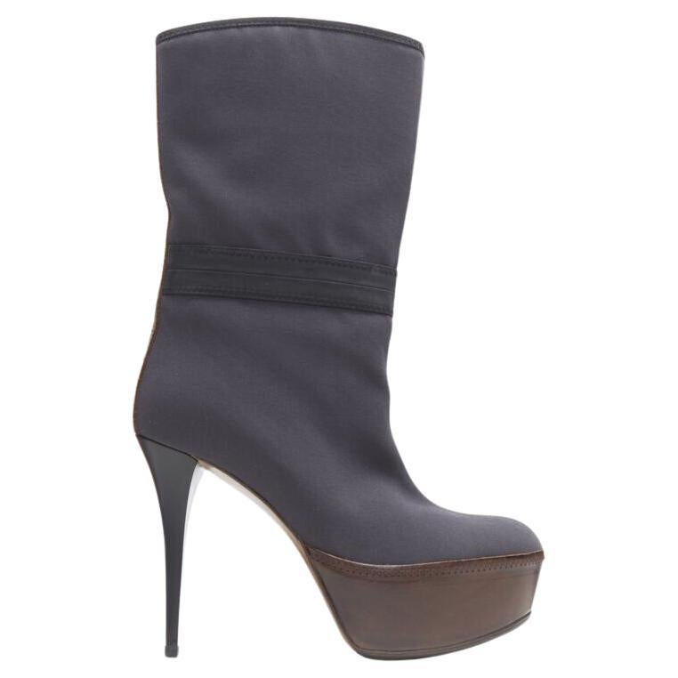 MARNI grey fabric upper brown leather platform round toe high heel boot EU36 For Sale
