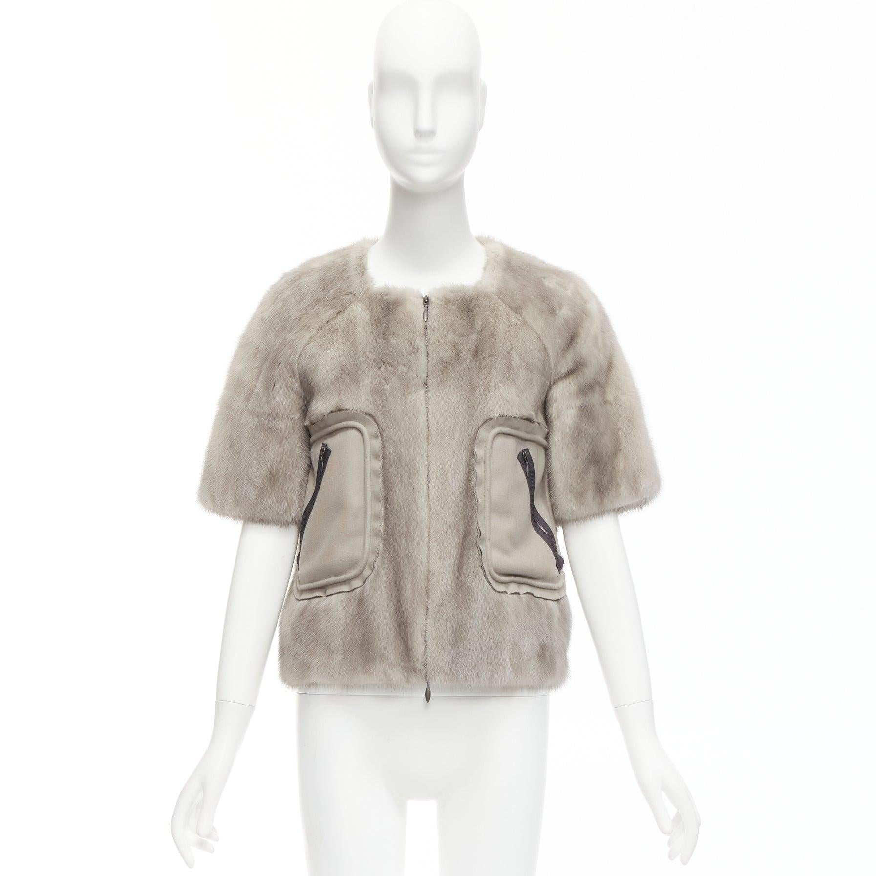 MARNI grey fur rounded short sleeve dual pocket cropped jacket IT38 XS For Sale 5