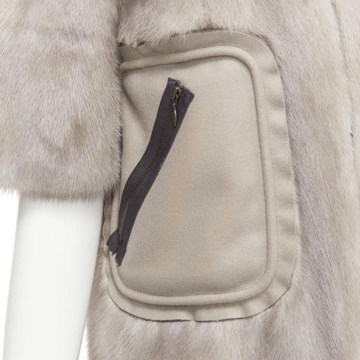 MARNI grey fur rounded short sleeve dual pocket cropped jacket IT38 XS
Reference: NILI/A00008
Brand: Marni
Material: Fur, Virgin Wool, Blend
Color: Grey
Pattern: Solid
Closure: Zip
Lining: Grey Fabric

CONDITION:
Condition: Very good, this item was