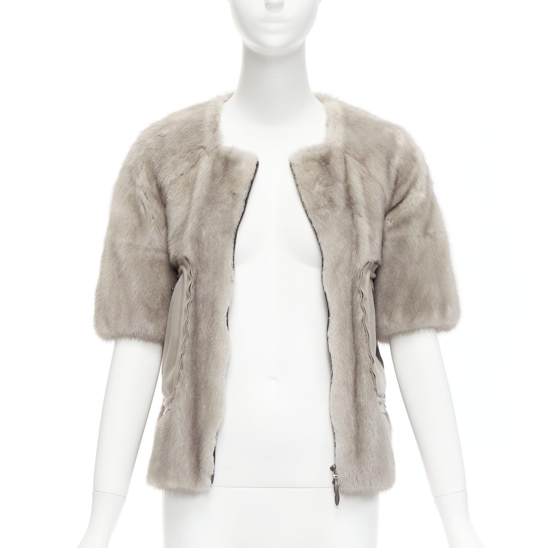 Gray MARNI grey fur rounded short sleeve dual pocket cropped jacket IT38 XS For Sale