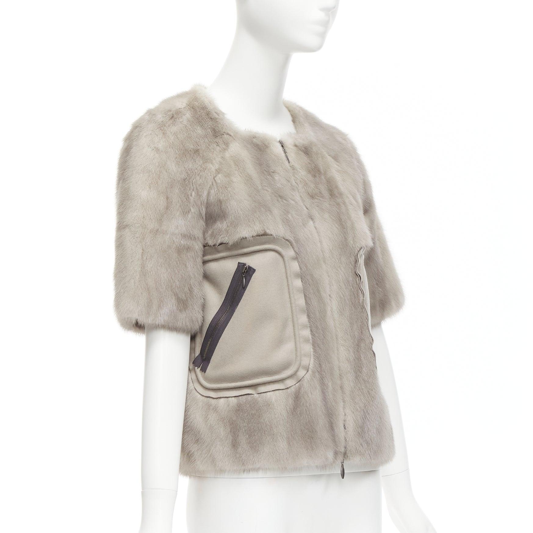 MARNI grey fur rounded short sleeve dual pocket cropped jacket IT38 XS In Good Condition For Sale In Hong Kong, NT