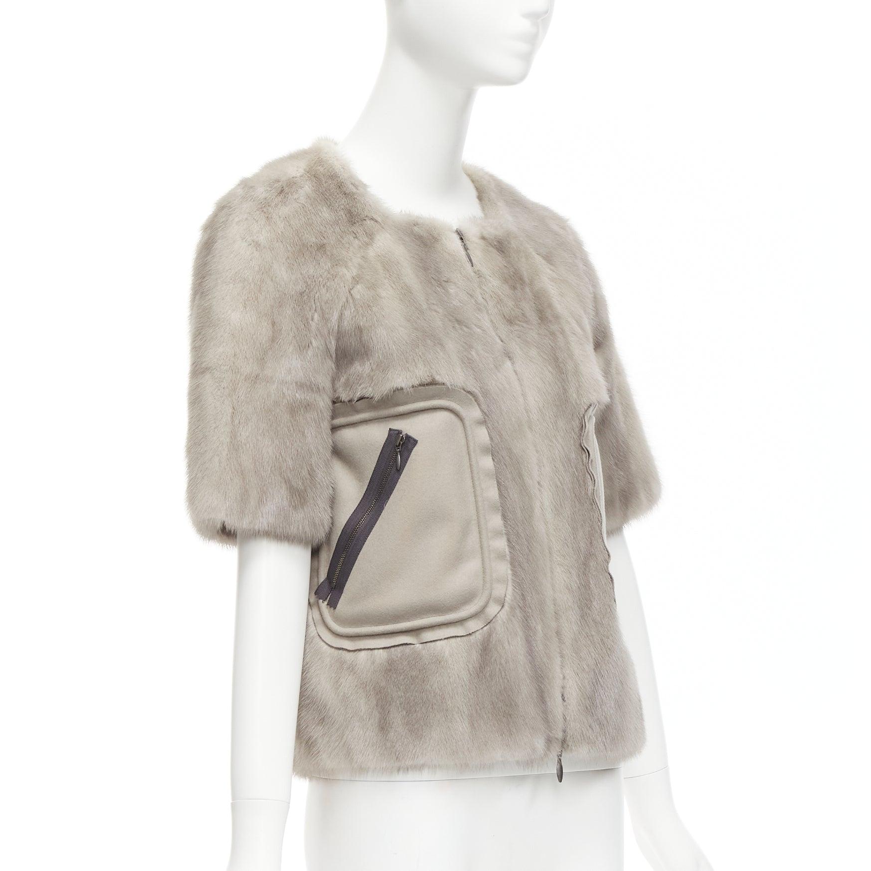 Women's MARNI grey fur rounded short sleeve dual pocket cropped jacket IT38 XS For Sale