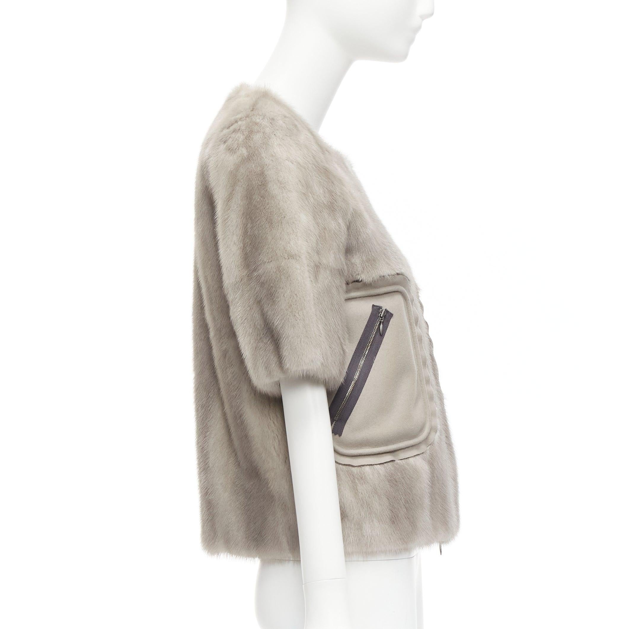 Women's MARNI grey fur rounded short sleeve dual pocket cropped jacket IT38 XS For Sale