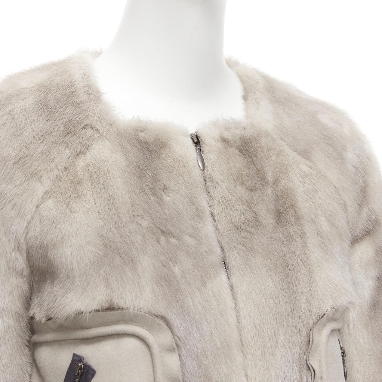 MARNI grey fur rounded short sleeve dual pocket cropped jacket IT38 XS For Sale 4
