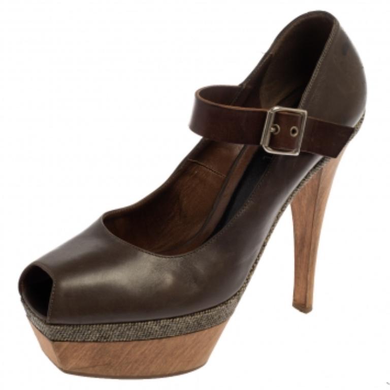 Women's Marni Grey Leather Mary Jane Peep Toe Platform Pumps Size 39 For Sale