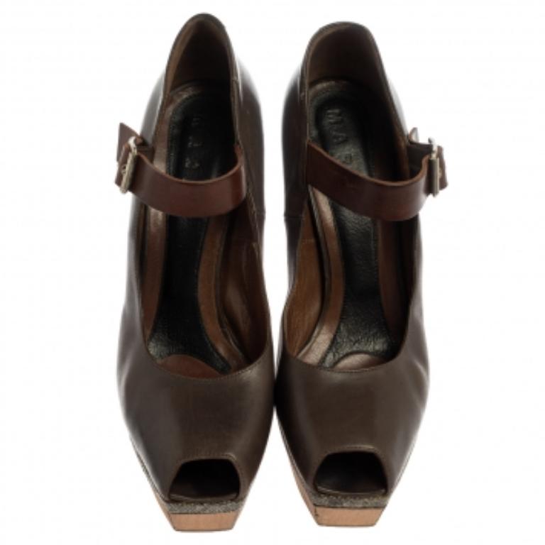 Marni Grey Leather Mary Jane Peep Toe Platform Pumps Size 39 For Sale 1