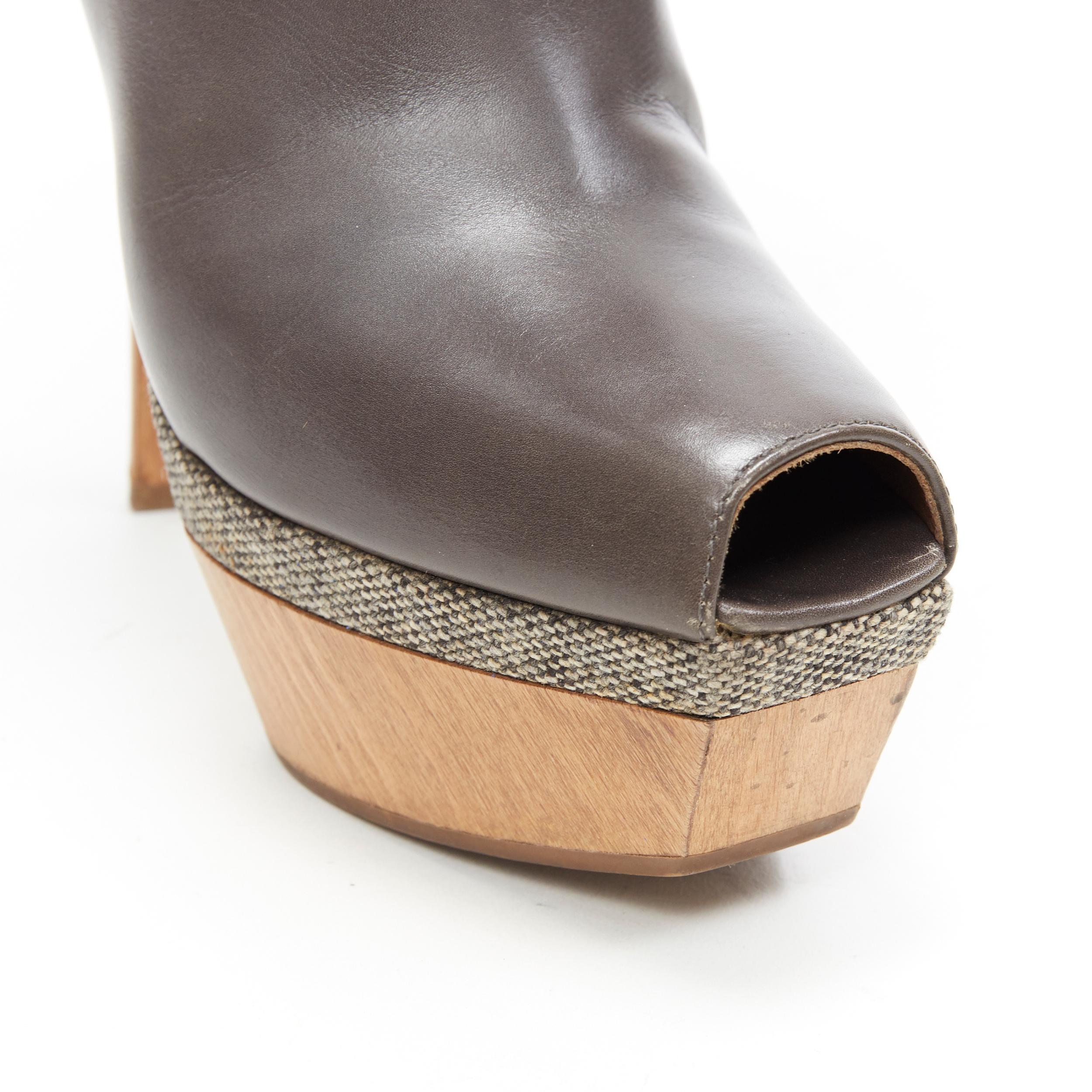 Women's MARNI grey leather upper stacked wooden platform peep toe bootie heel EU36
