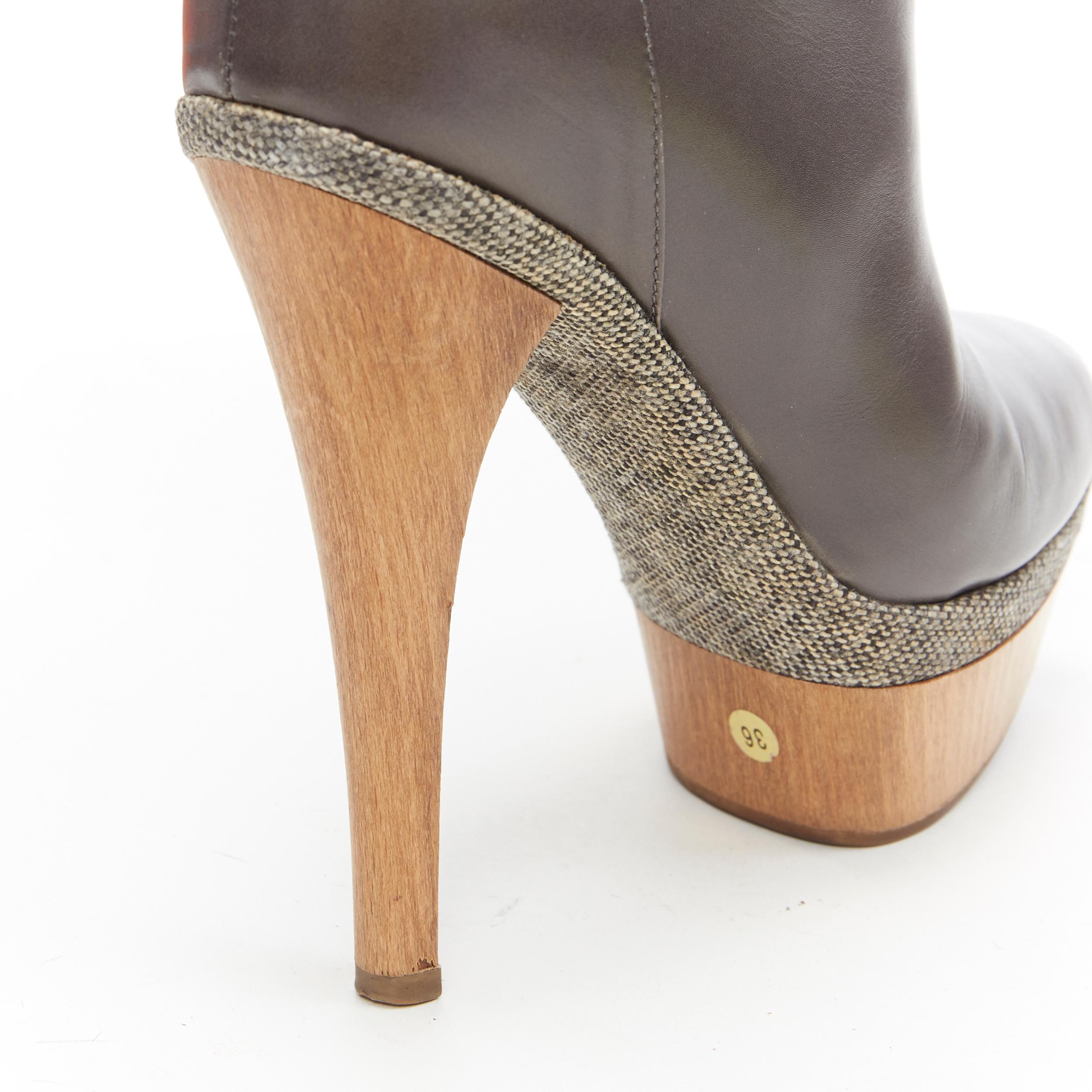 MARNI grey leather upper stacked wooden platform peep toe bootie heel EU36 1