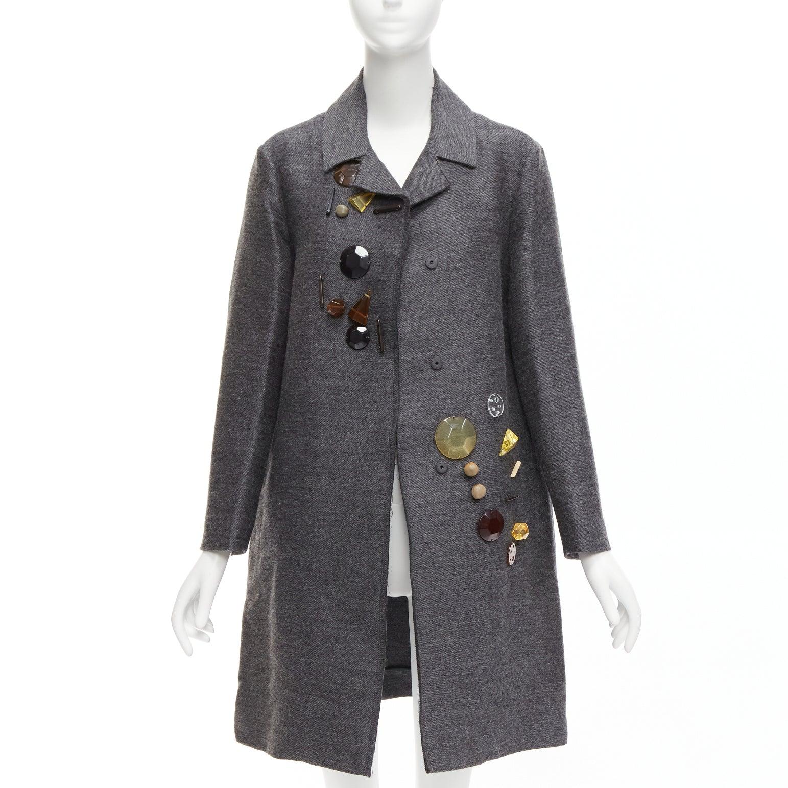 MARNI grey wool geometric beads embellishment trapeze coat IT38 XS In Good Condition For Sale In Hong Kong, NT
