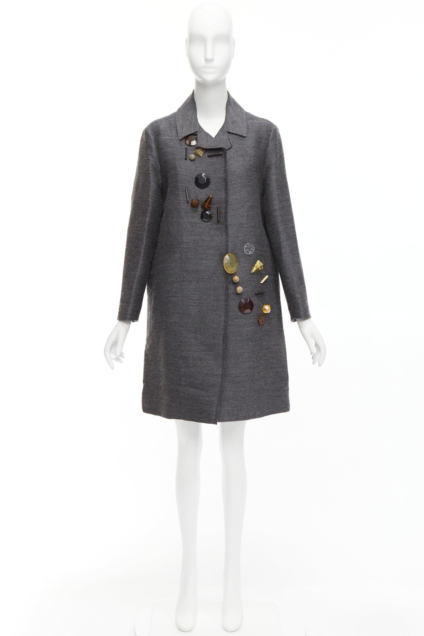 MARNI grey wool geometric beads embellishment trapeze coat IT38 XS For Sale 5