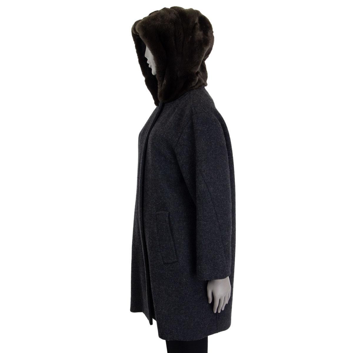 Black MARNI grey wool olive RABBIT FUR HOODED Coat Jacket 42 M
