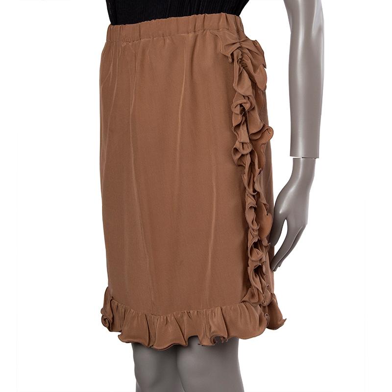 Brown MARNI hazelnut brown silk RUFFLE TRIM Knee-Length Skirt 38 XS For Sale