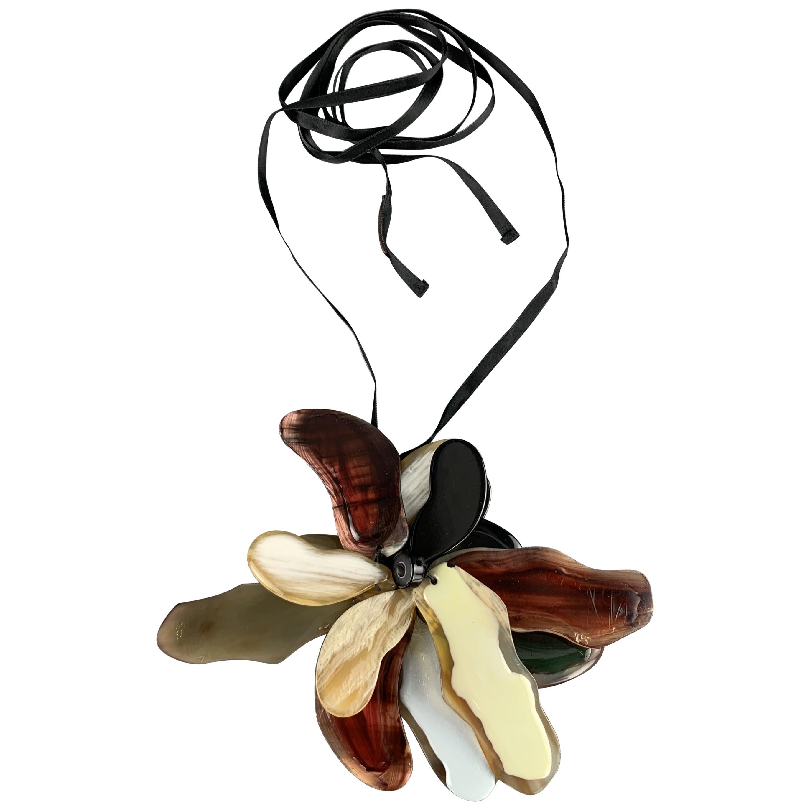 MARNI Horn & Resin Abstract Flower Ribbon Necklace