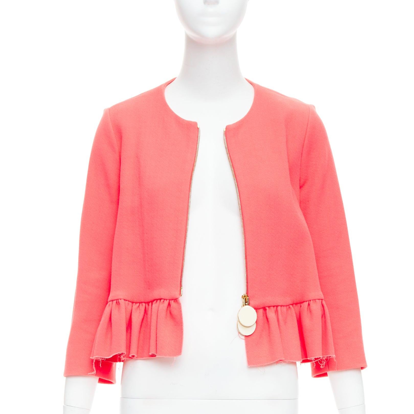 Pink MARNI hot pink cotton blend ruffle hem zip front cropped jacket IT38 XS For Sale