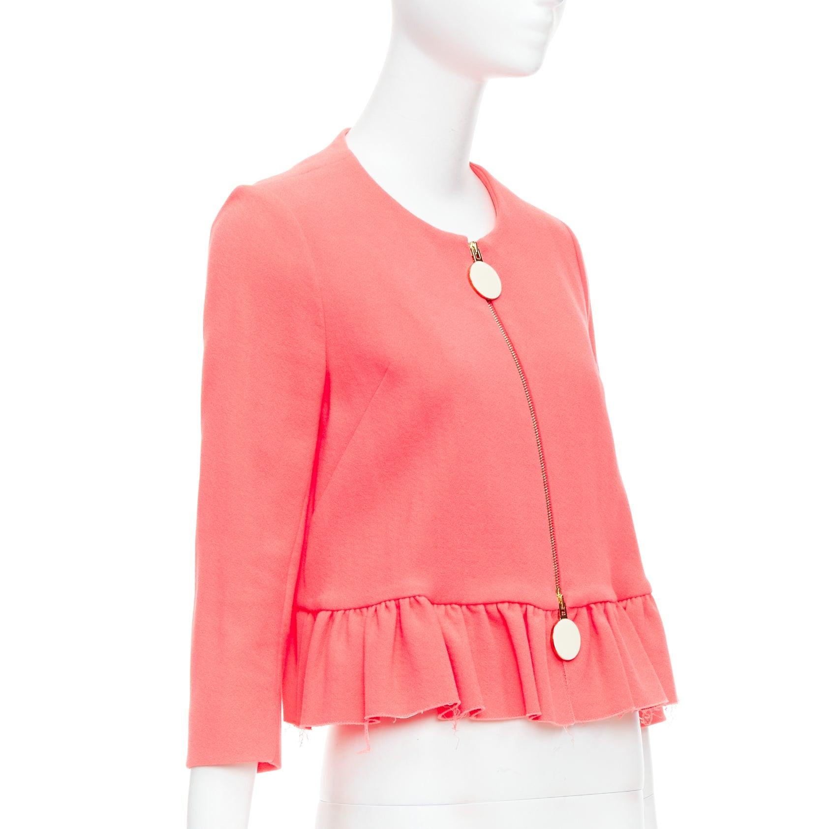 MARNI hot pink cotton blend ruffle hem zip front cropped jacket IT38 XS In Good Condition For Sale In Hong Kong, NT