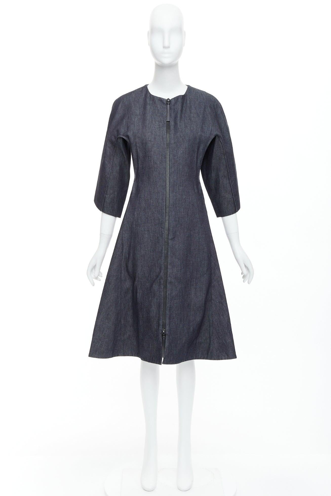 Blue MARNI indigo blue denim zip front dolman sleeve midi dress IT40 S For Sale