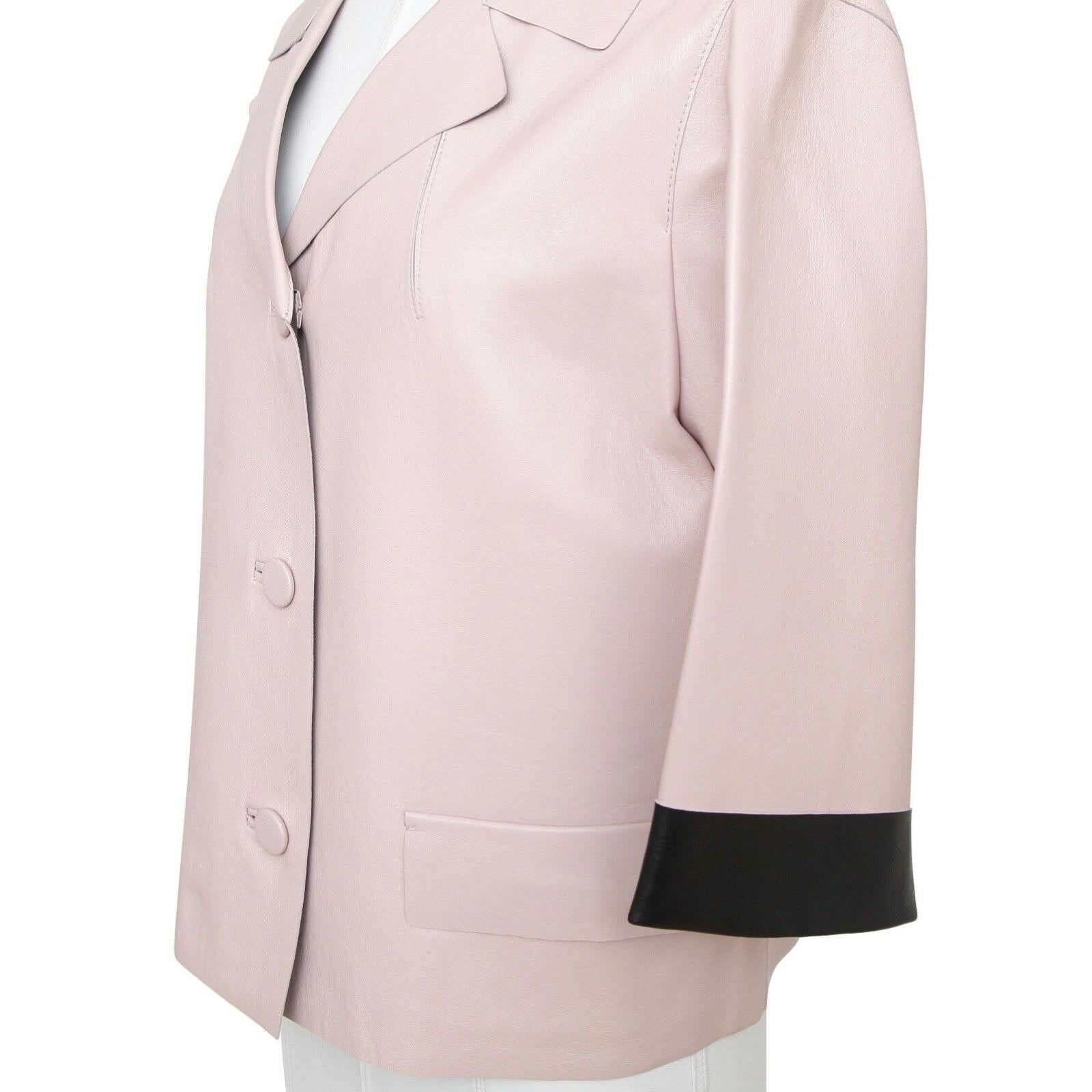 Beige MARNI Jacket Leather Coat Blush Pink Black 3/4 Sleeve Pocket Sz 44 Summer 2014 For Sale