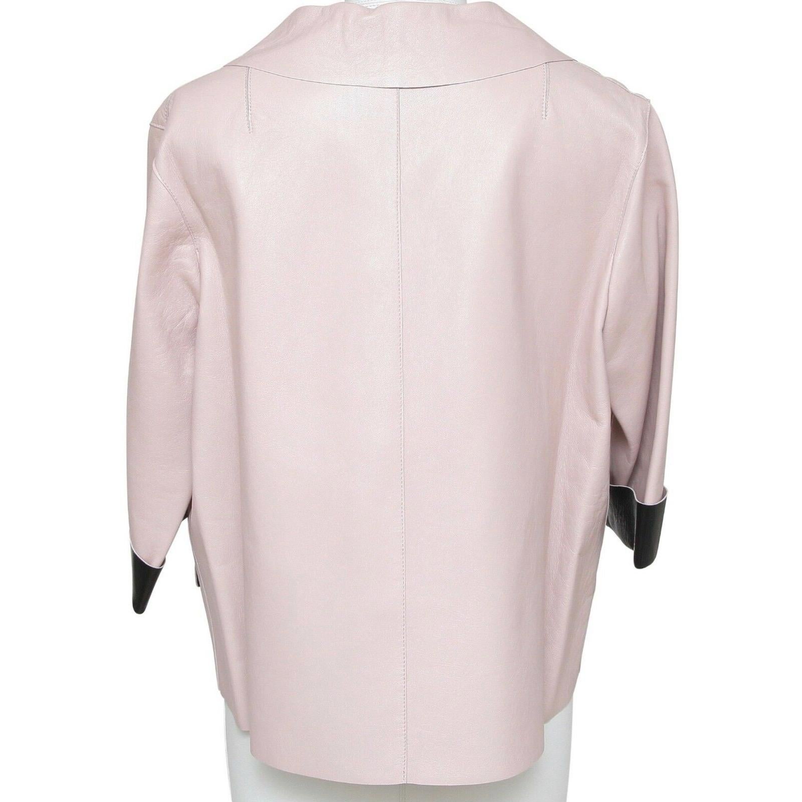 MARNI Jacket Leather Coat Blush Pink Black 3/4 Sleeve Pocket Sz 44 Summer 2014 In New Condition For Sale In Hollywood, FL