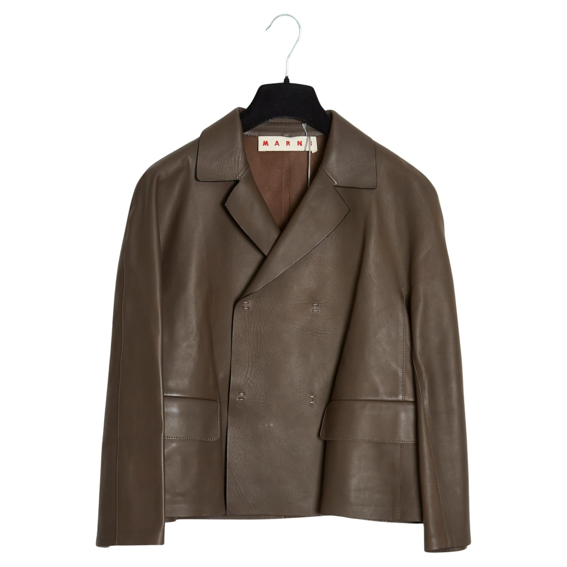 Marni Khaki Brown Leather Short Jacket IT42 FR38 New