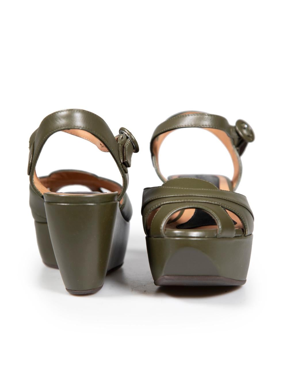 Marni Khaki Leather Wedge Sandals Size IT 37 In Good Condition For Sale In London, GB