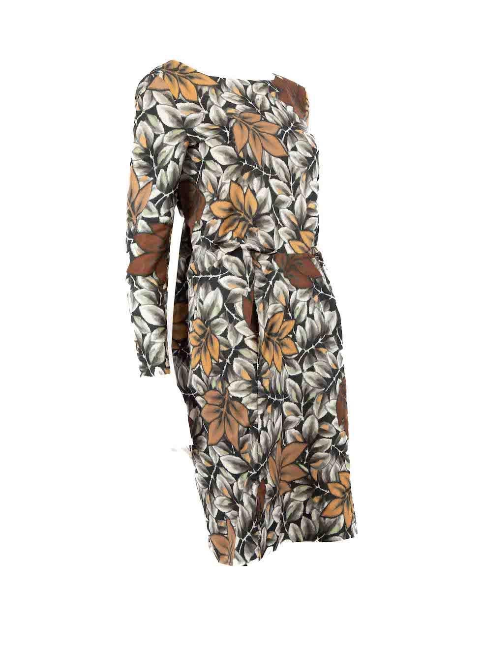 CONDITION is Very good. Minimal wear to dress is evident. Minimal loose thread to the ruched seam on front of this used Marni designer resale item.
 
 
 
 Details
 
 
 Multicolour- brown tone
 
 Polyester
 
 Dress
 
 Leaf print
 
 Knee length
 
