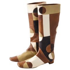 Marni Leather Boots, 1960's Style Design, Brown, Beige & Khaki, Pair of Boots