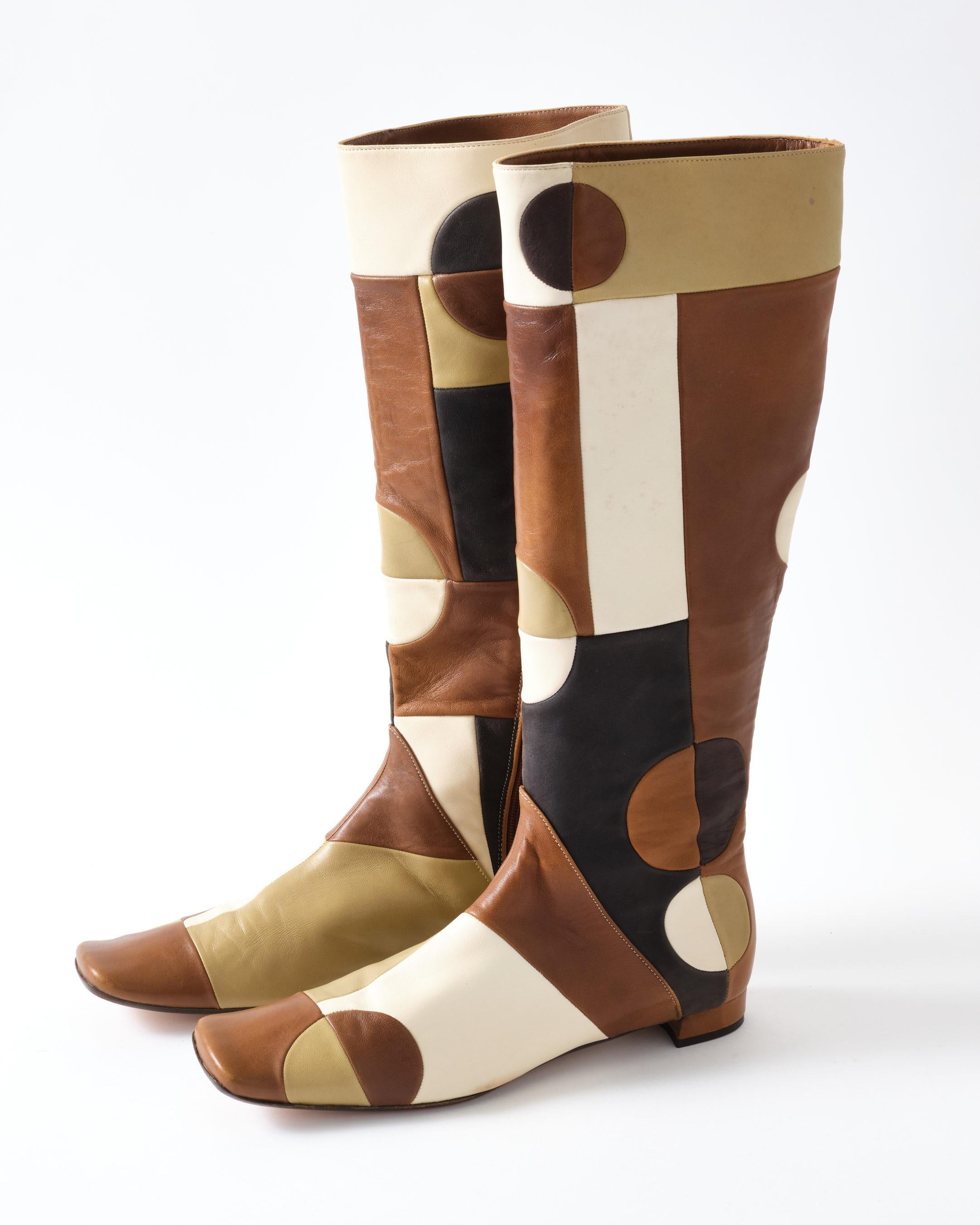 Marni Leather Boots, 1960's Style Design, Brown, Beige & Khaki, Pair of Boots For Sale 6