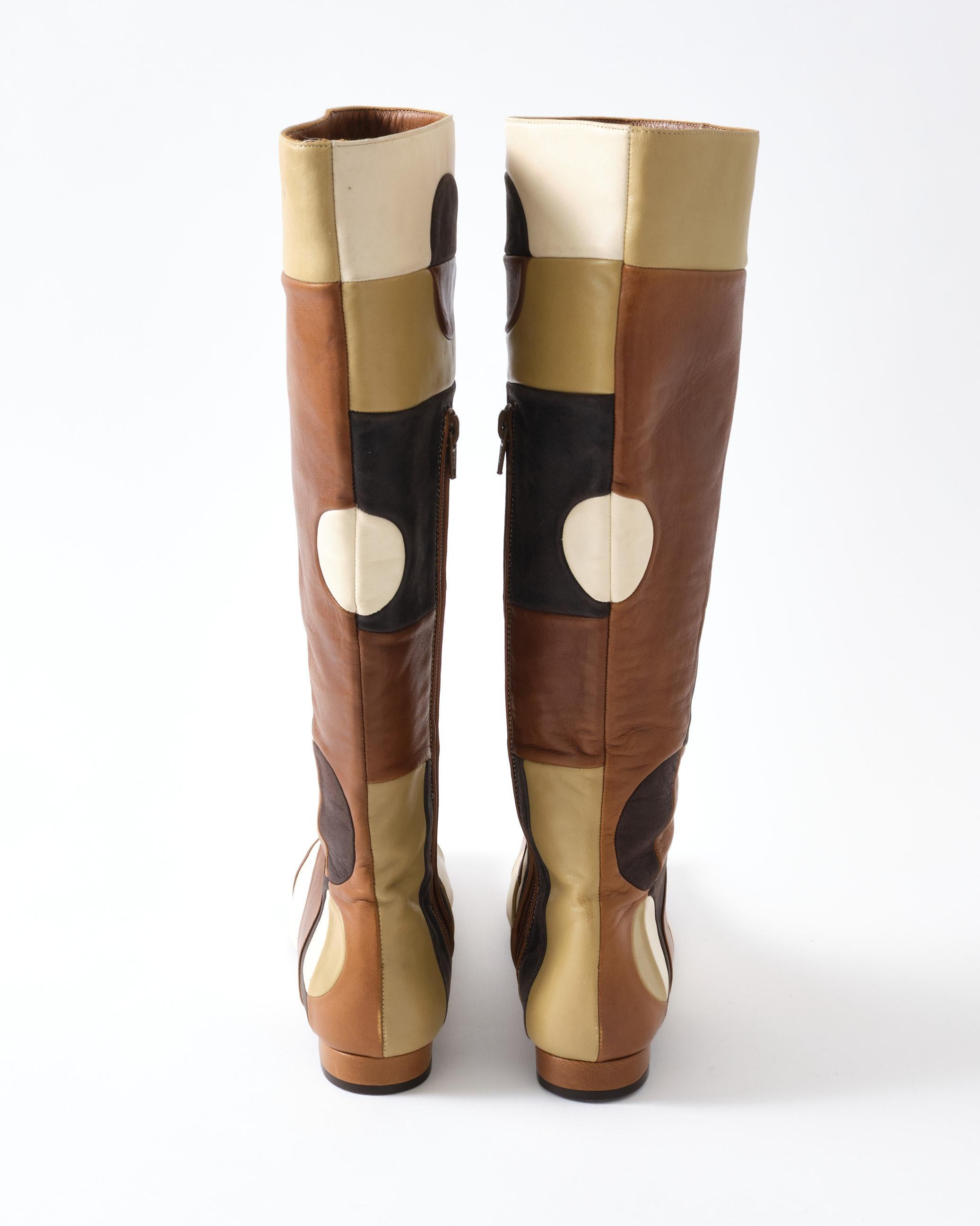 Italian Marni Leather Boots, 1960's Style Design, Brown, Beige & Khaki, Pair of Boots For Sale