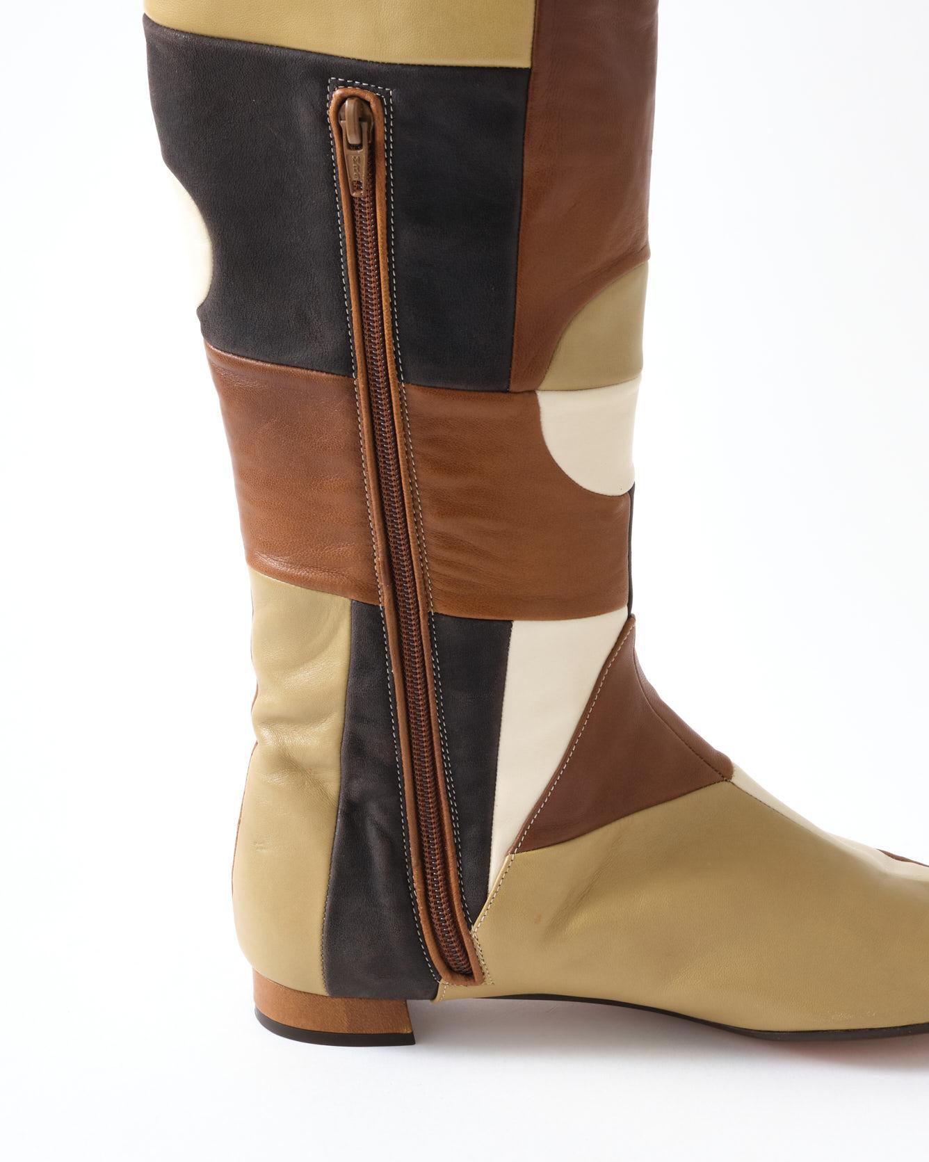 Hand-Crafted Marni Leather Boots, 1960's Style Design, Brown, Beige & Khaki, Pair of Boots For Sale