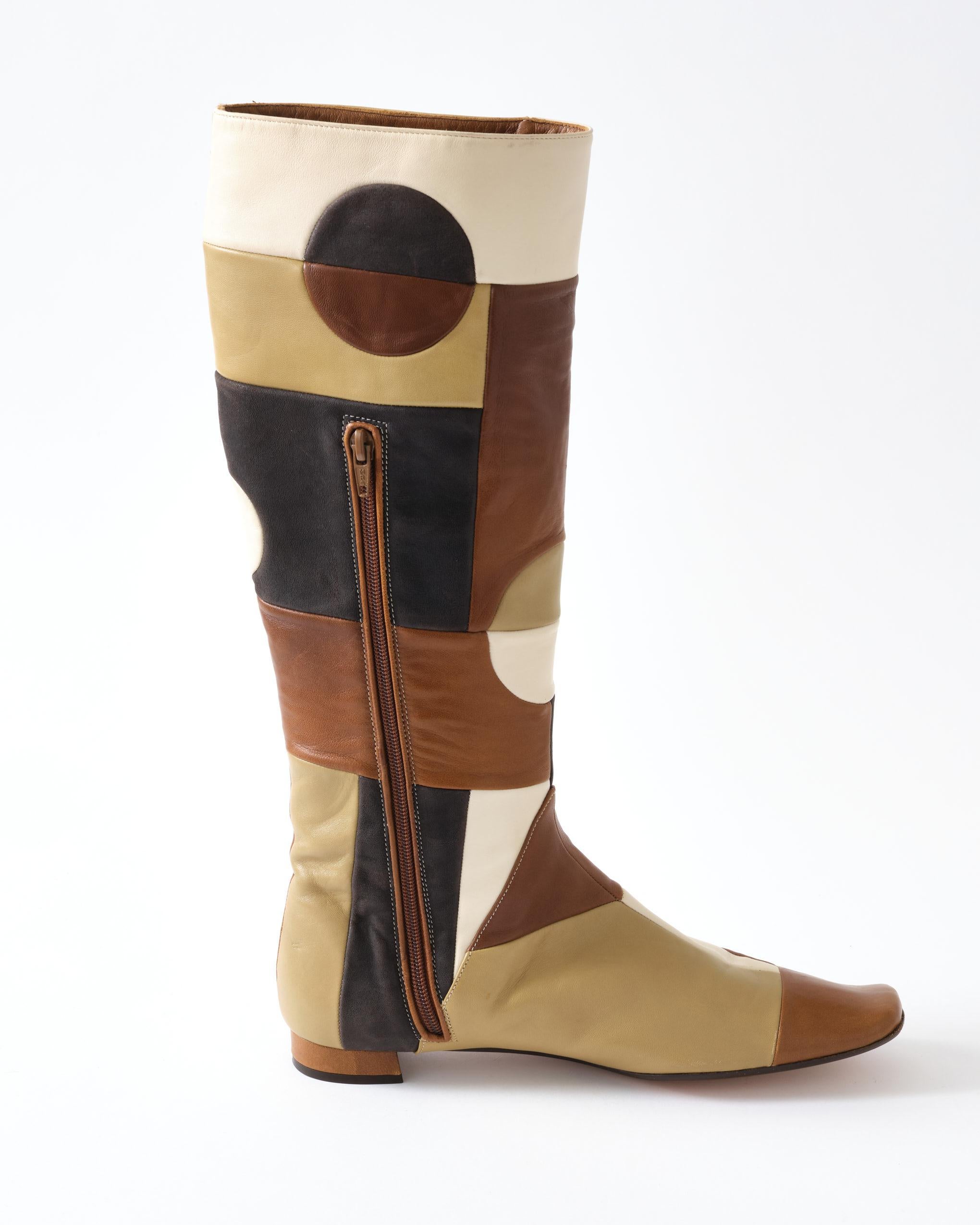 Marni Leather Boots, 1960's Style Design, Brown, Beige & Khaki, Pair of Boots In Excellent Condition For Sale In New York, NY
