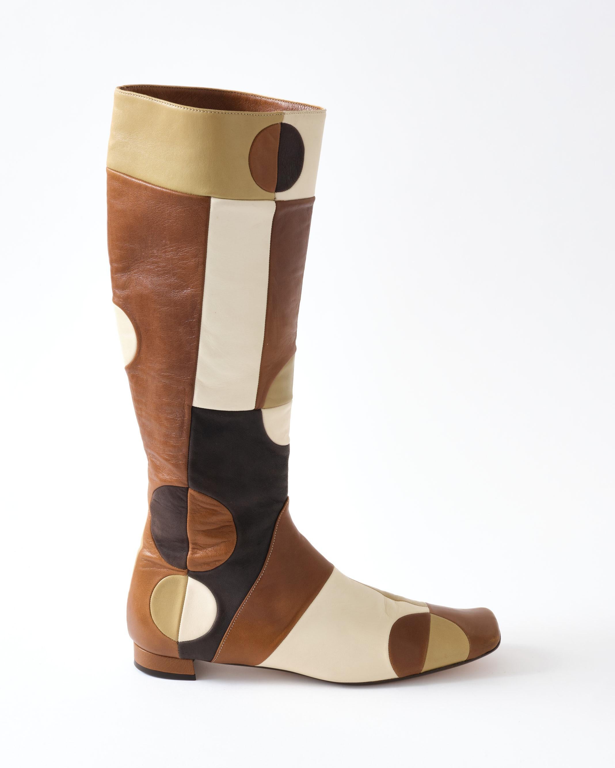 Marni Leather Boots, 1960's Style Design, Brown, Beige & Khaki, Pair of Boots For Sale 2