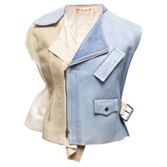 Marni Light Blue & Cream Leather & Suede Sleeveless Moto Jacket