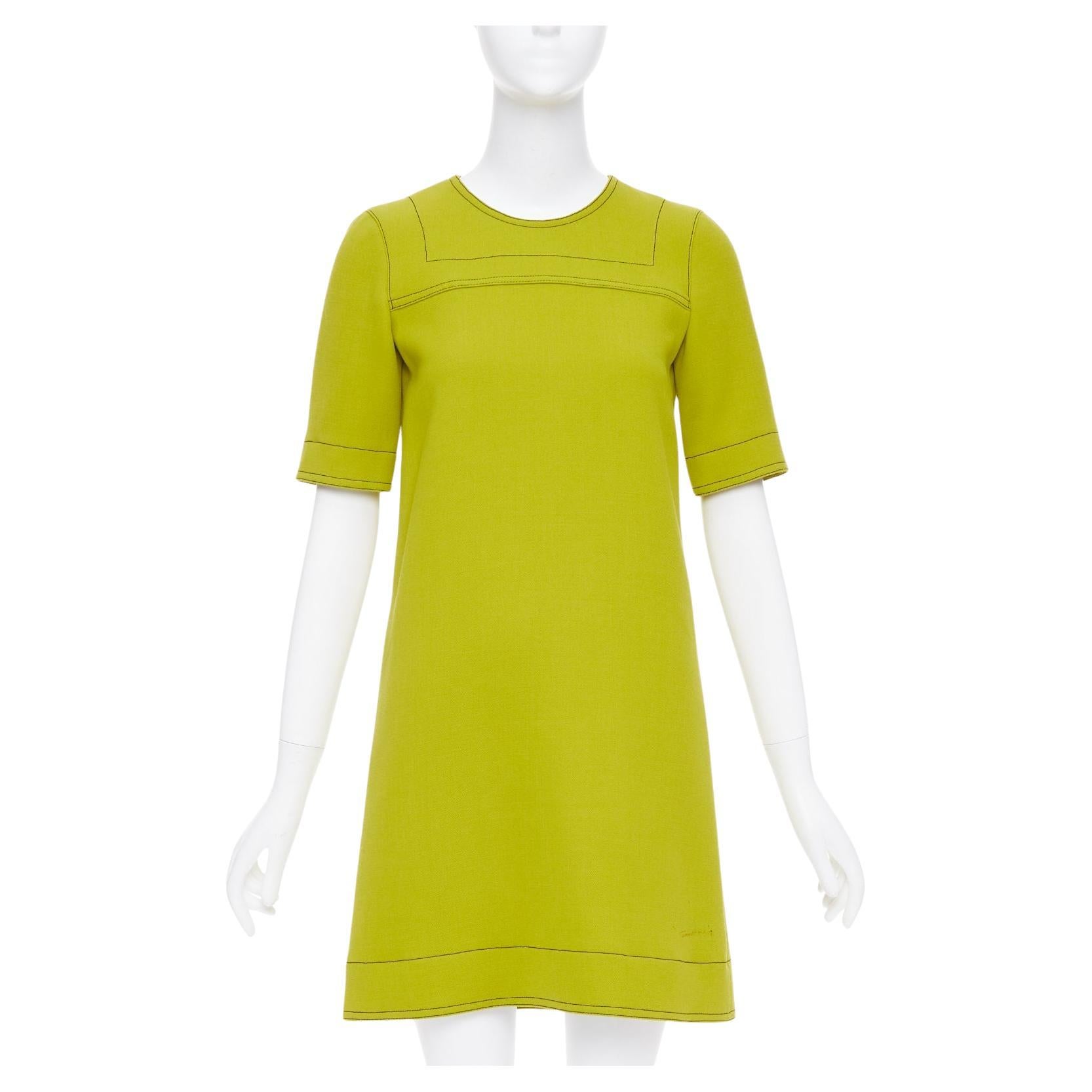 MARNI lime green 100% virgin wool overstitch silk lined shift dress IT36 XXS