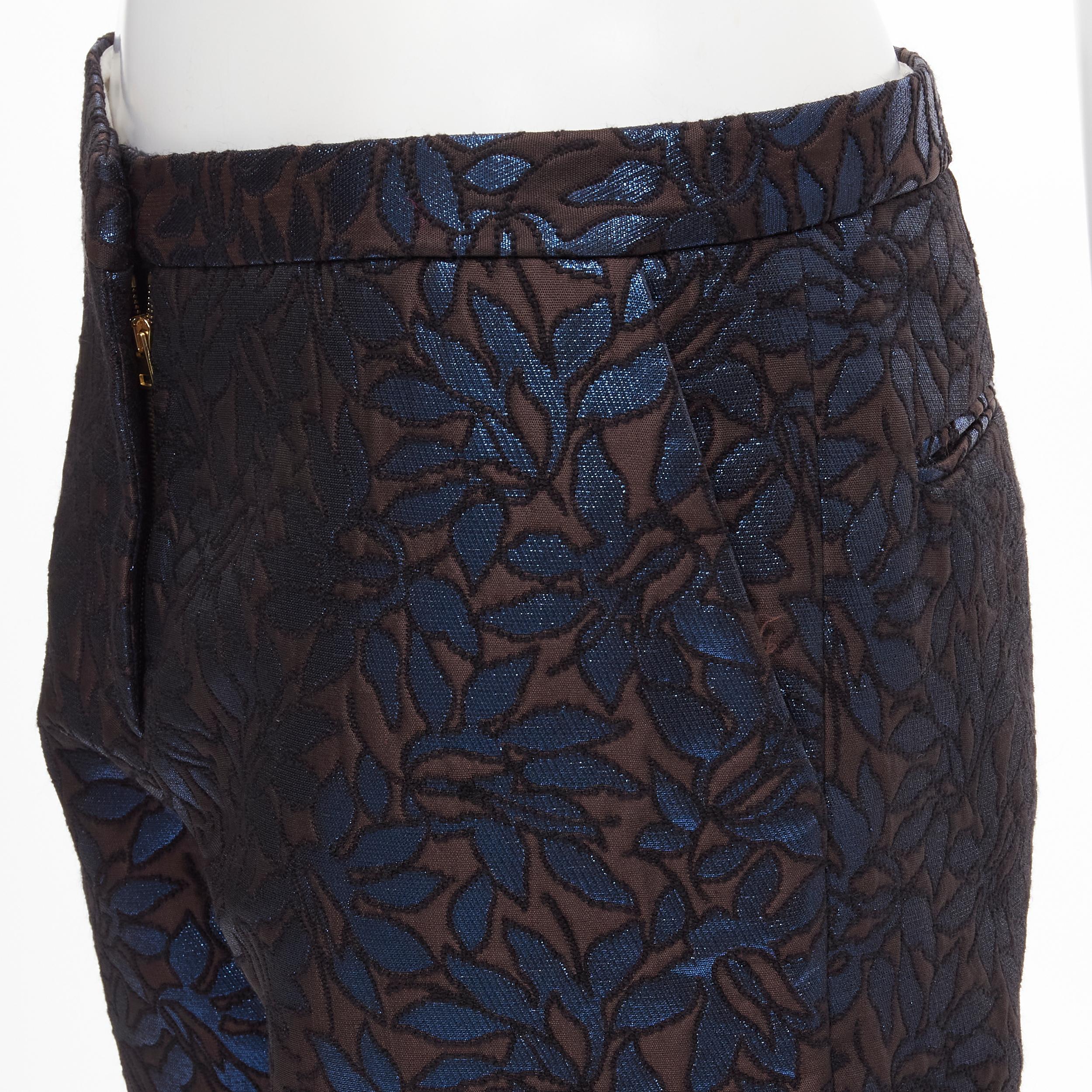 MARNI metallic blue brown floral jacquard wide leg trousers pants IT42 M 
Reference: CELG/A00222 
Brand: Marni 
Material: Polyester 
Color: Blue 
Pattern: Floral 
Closure: Zip 
Extra Detail: Hook bar zip fly. 4-pocket design. Straight leg. 
Made in:
