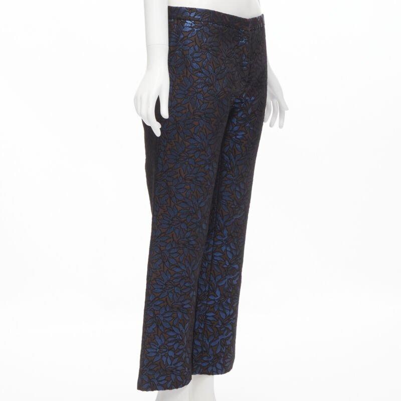 Black MARNI metallic blue brown floral jacquard wide leg trousers pants IT42 M For Sale