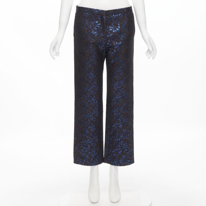 MARNI metallic blue brown floral jacquard wide leg trousers pants IT42 M For Sale 4