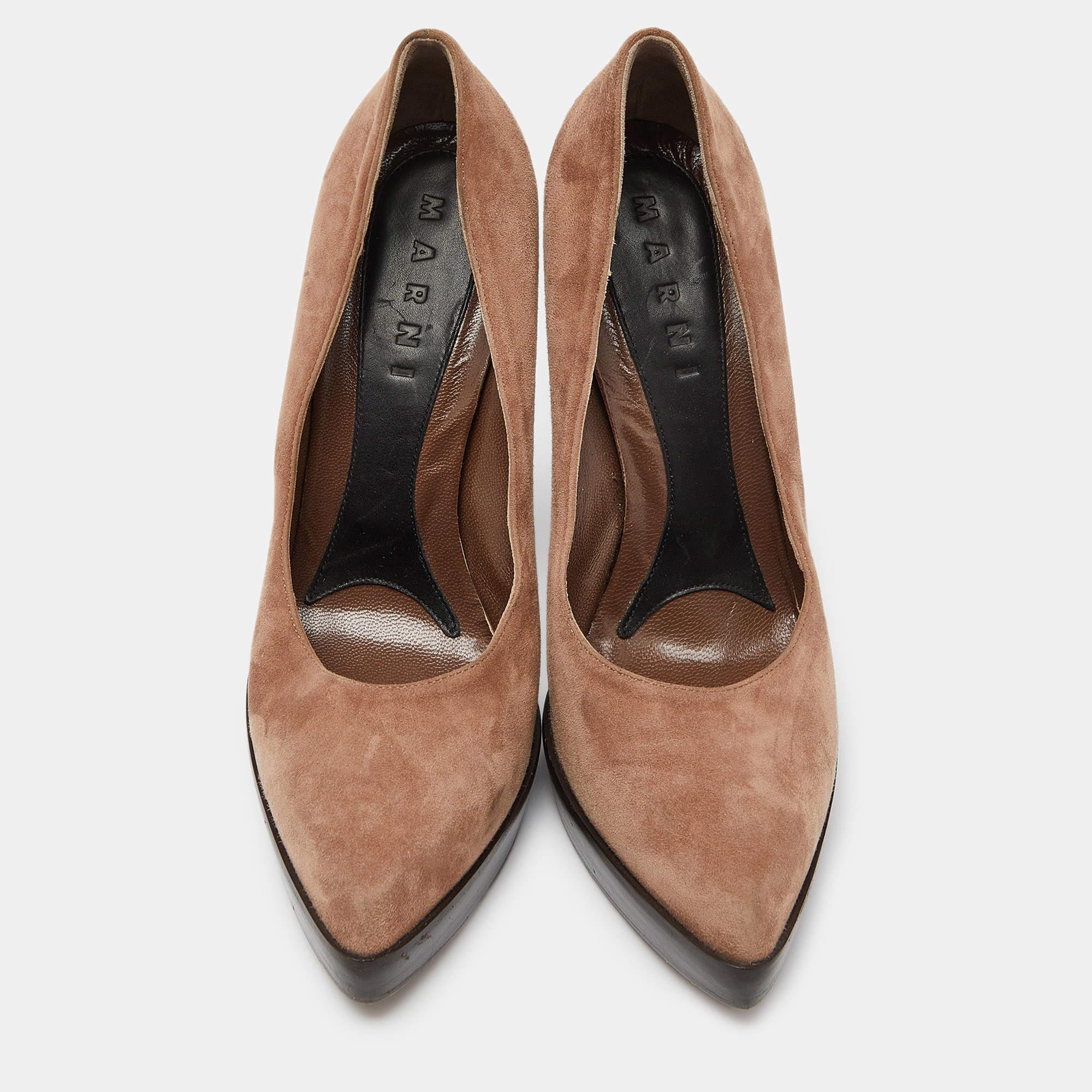 Marron Marni Metallic Brown Suede Square Toe Platform Pumps Size 39 en vente