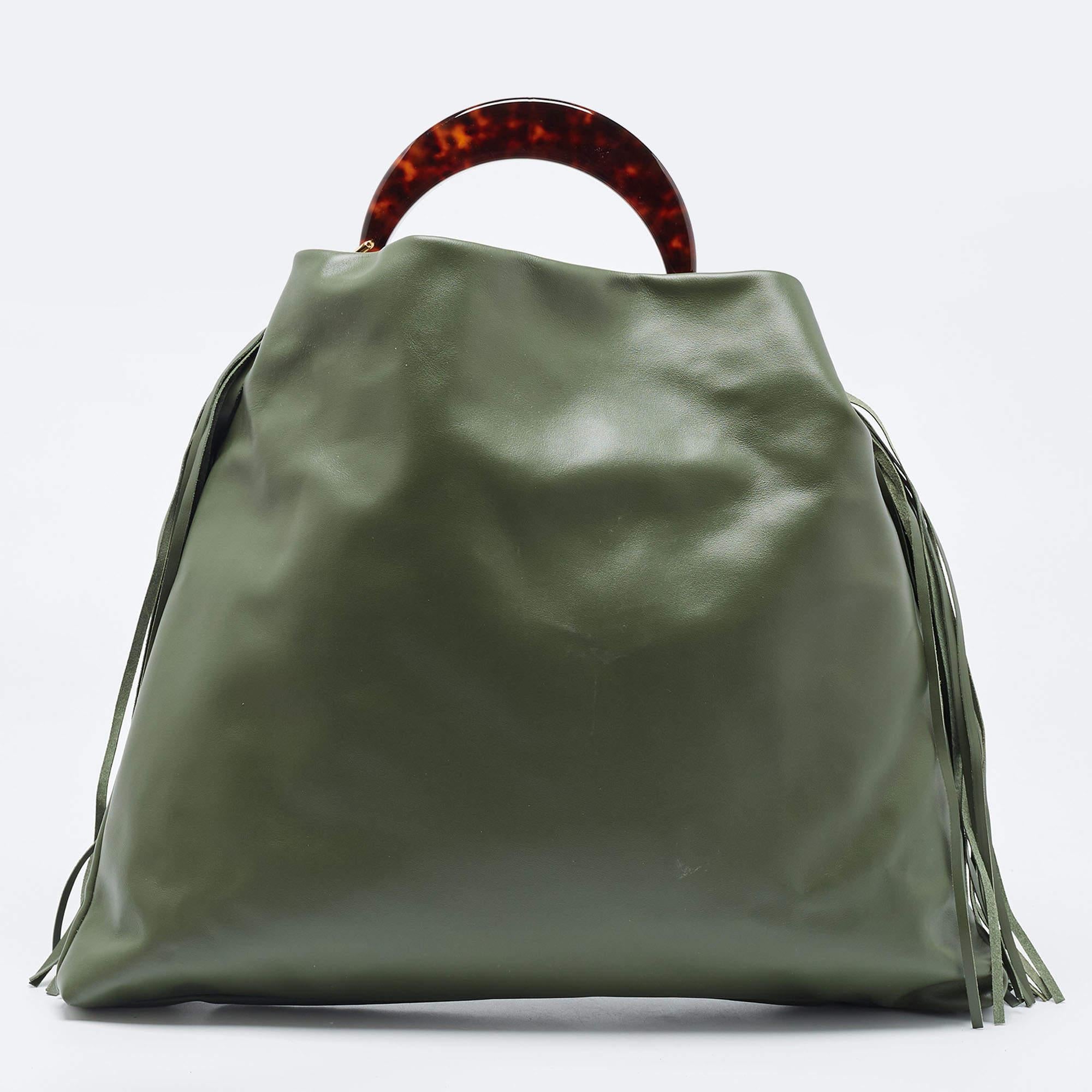 Marni Military Green Leather Medium Tassel Venice Hobo 3