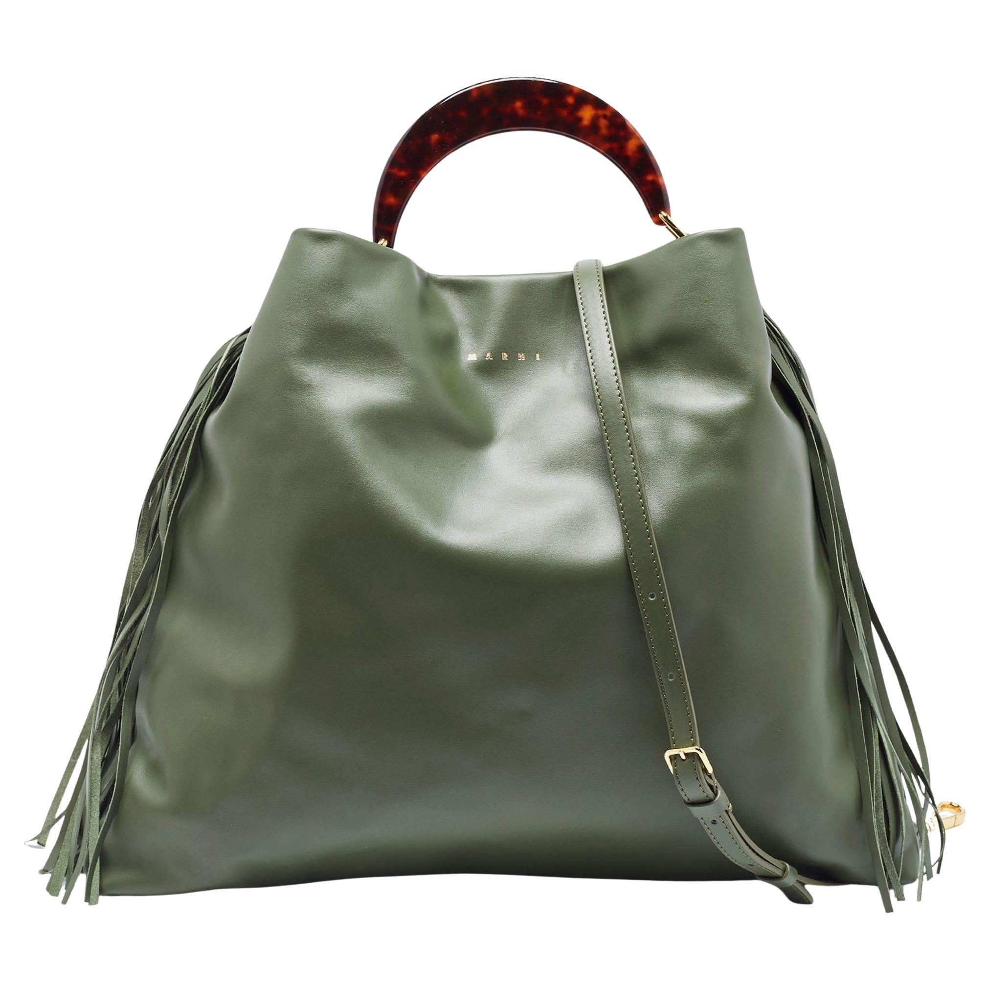 Marni Military Green Leather Medium Tassel Venice Hobo