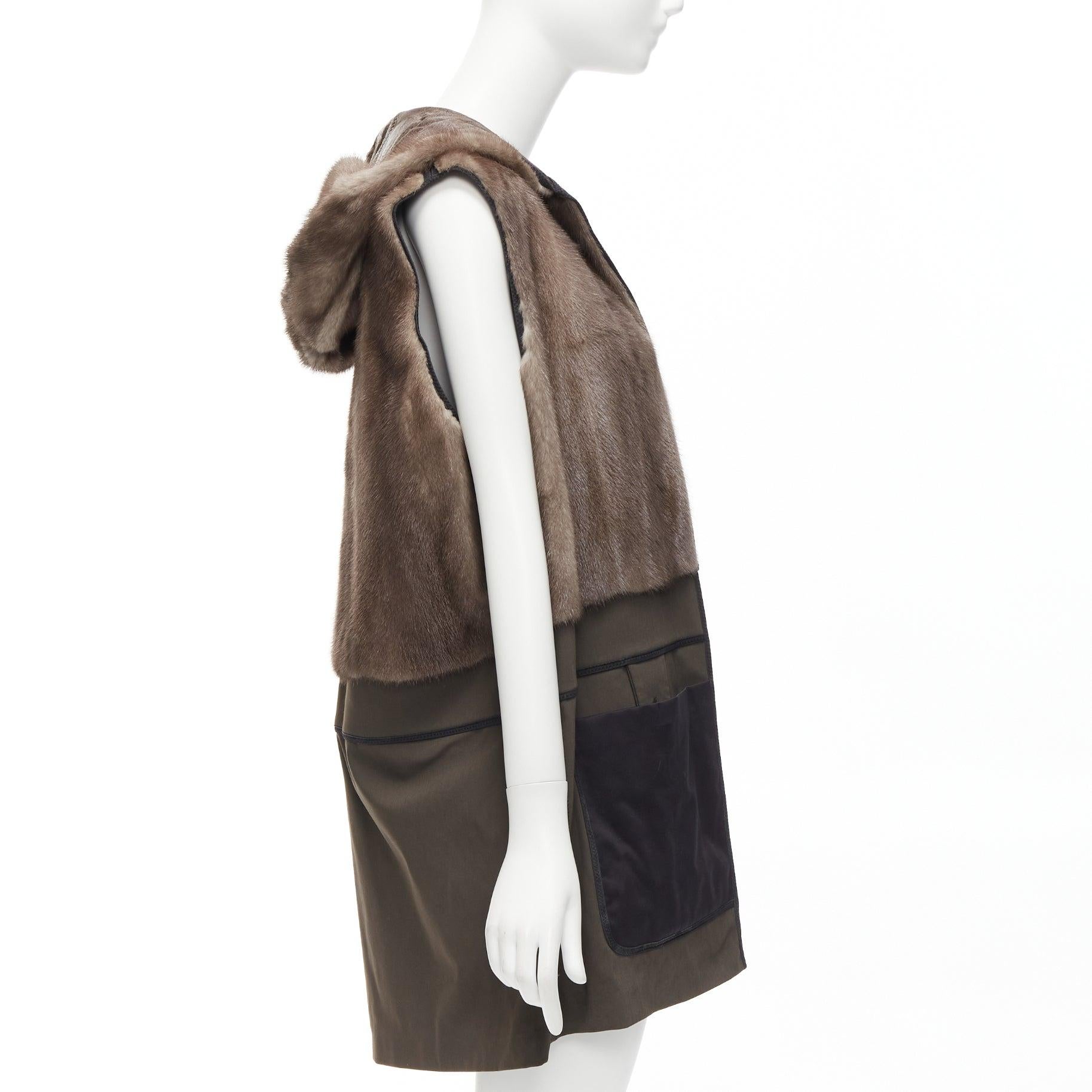 MARNI Gilet en vison Gilet à capuche réversible en fourrure texturée colorblocked marron IT40 S en vente 5