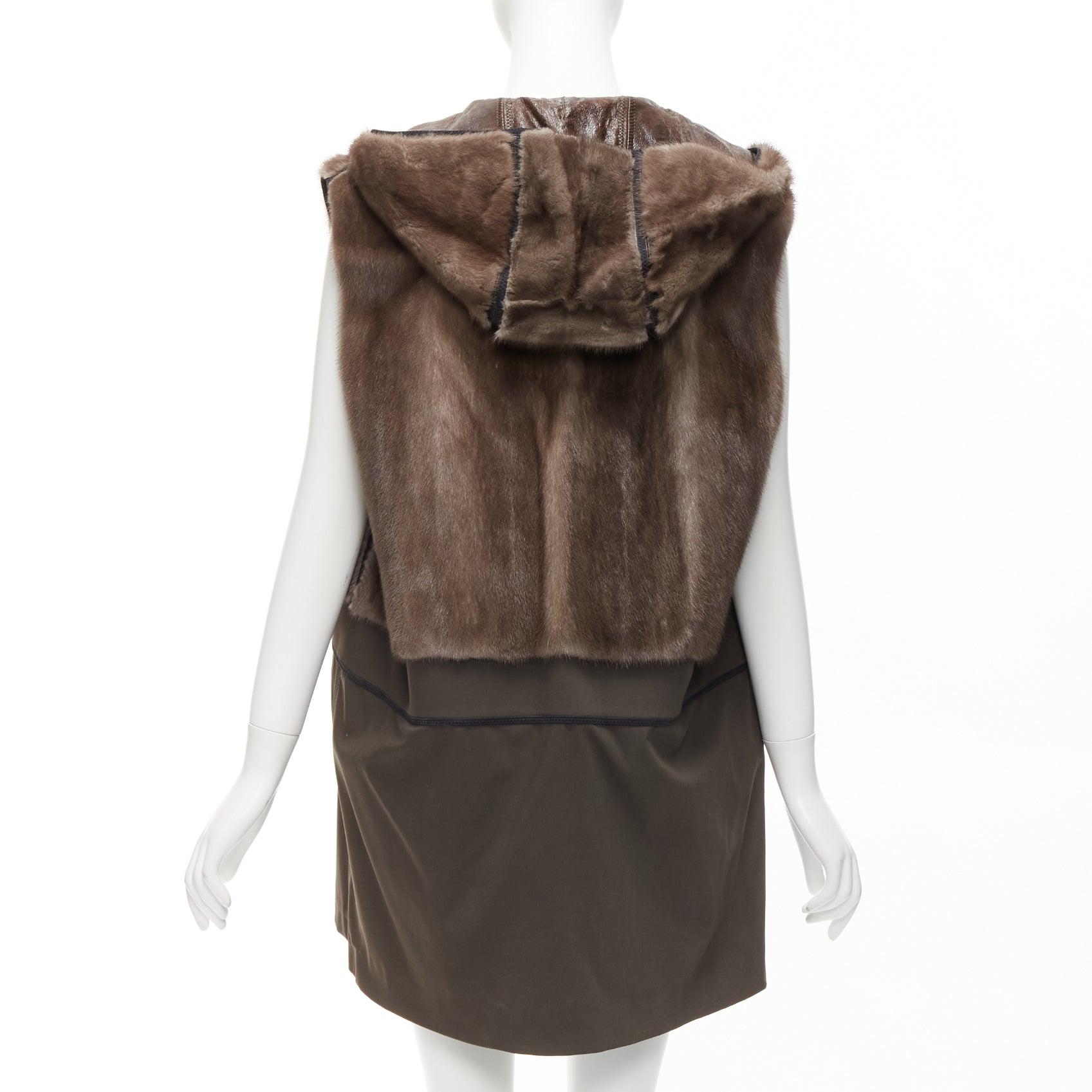 MARNI Mink Gilet Reversible brown colorblocked textured fur hooded vest IT40 S For Sale 7