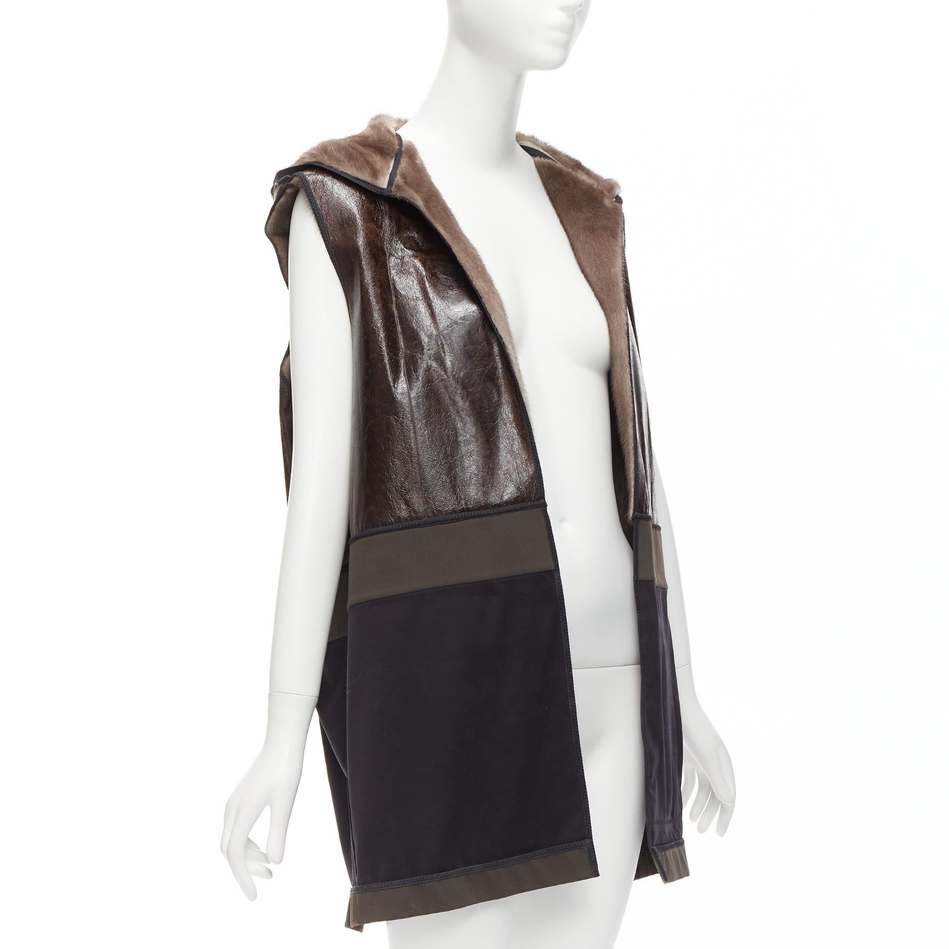 MARNI Mink Gilet Reversible brown colorblocked textured fur hooded vest IT40 S In Good Condition For Sale In Hong Kong, NT
