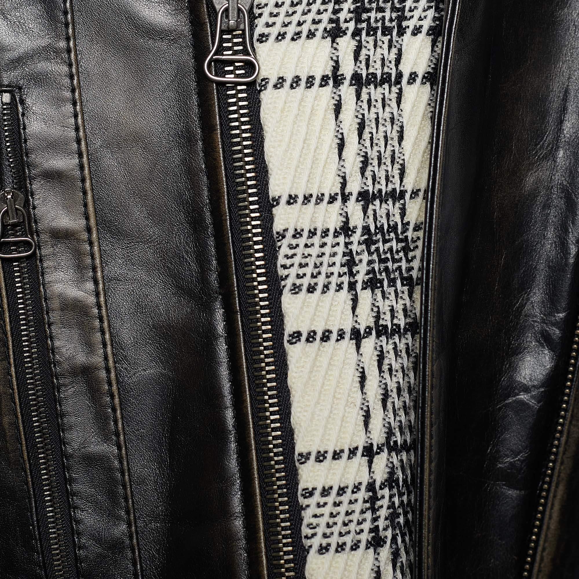 Marni Monochrome Leather & Plaided Wool Layered Long Coat M In Good Condition In Dubai, Al Qouz 2