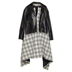 Marni - Manteau long superposé en cuir et laine écossaise monochrome M