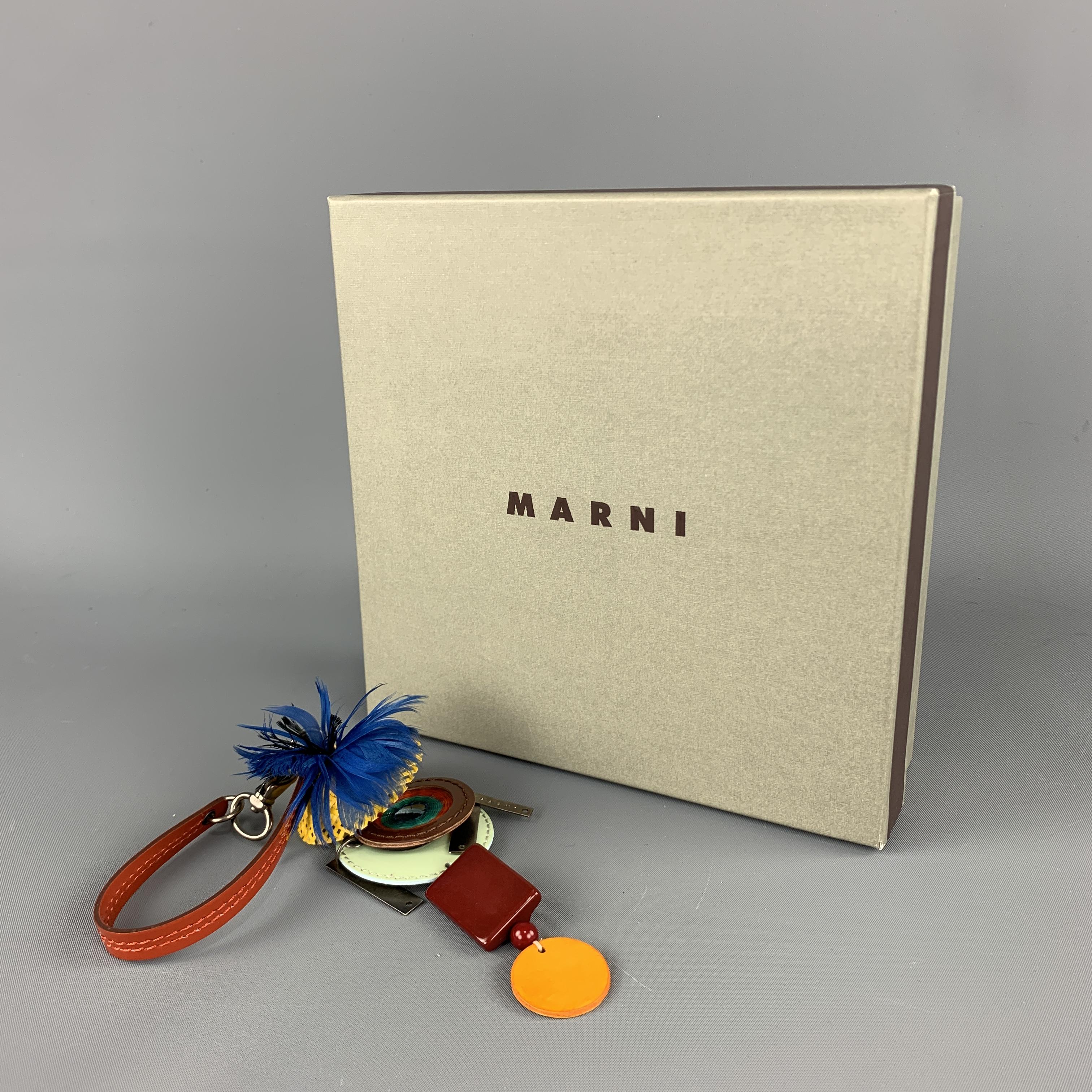 MARNI Multi-Color Mixed Metal Patent Leather Feathers Charm Key Ring In Excellent Condition In San Francisco, CA