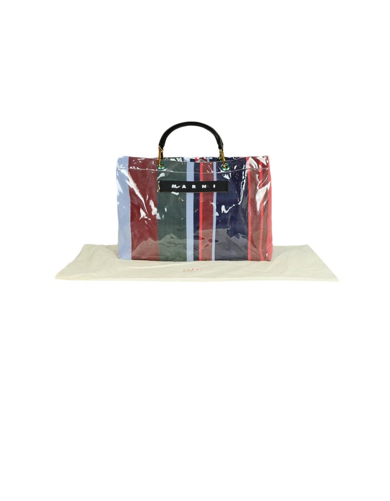 Marni Multi Color PVC Leather Trimmed Striped Canvas Large Glossy Grip Tote Bag