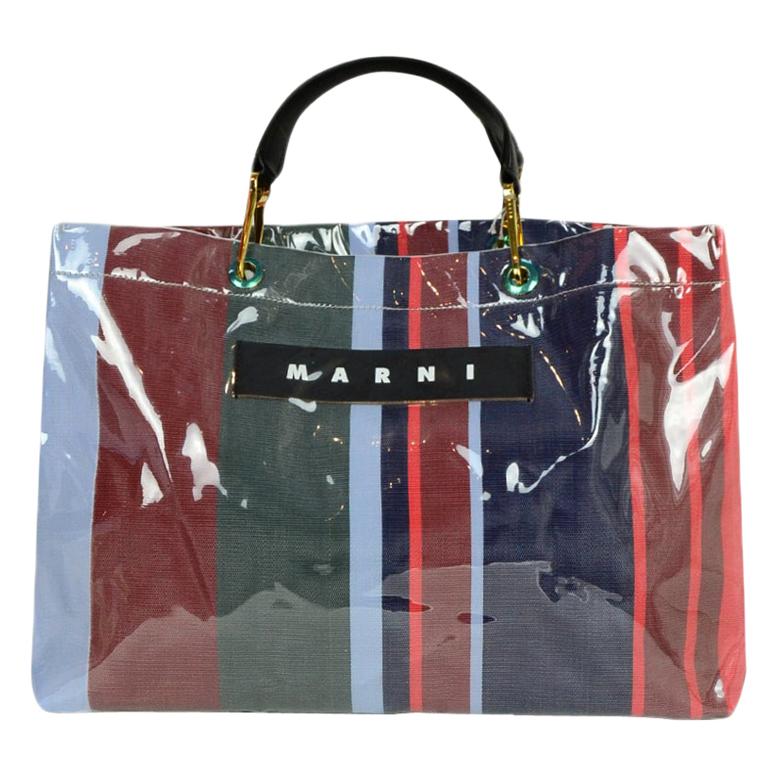 Marni Multi-Color PVC Leather-Trimmed Striped Canvas Large Glossy Grip Tote  Bag