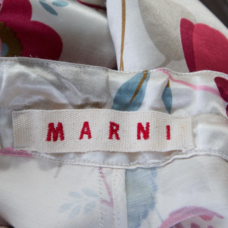Beige Marni Multicolor Floral Print Linen Silk Drawstring Waist Wide Leg Trousers S