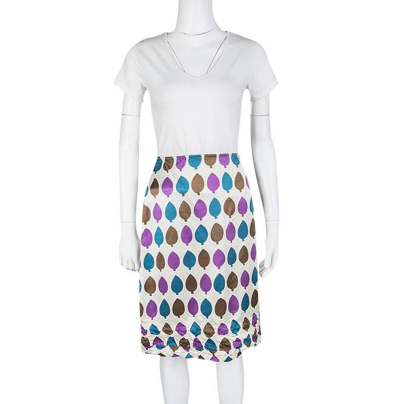 Marni Multicolor Leaf Print Ruched Hem Detail Satin Skirt S In Good Condition For Sale In Dubai, Al Qouz 2