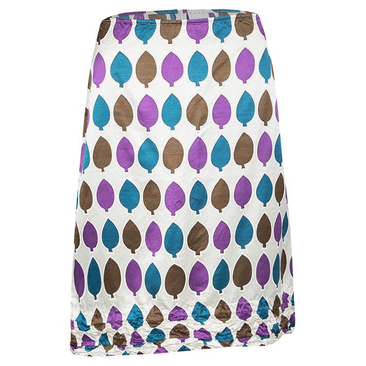 Marni Multicolor Leaf Print Ruched Hem Detail Satin Skirt S For Sale